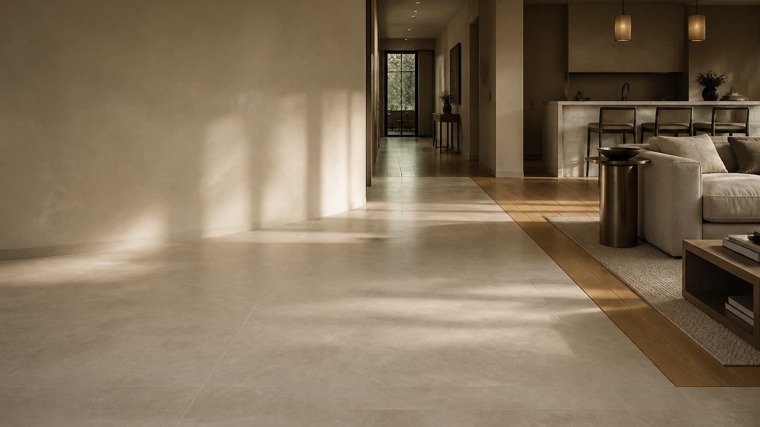 Concept open-plan interior with large-format porcelain flooring and a flush oak transition