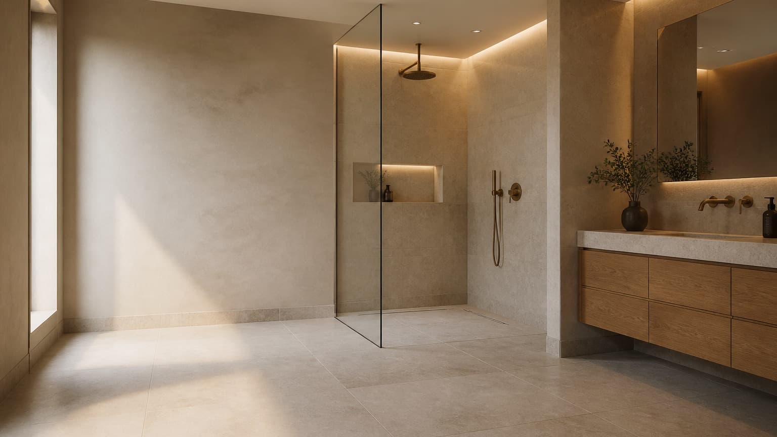 Conceptual luxury bathroom with a curbless shower, warm stone surfaces, oak vanity, and bronze fixtures