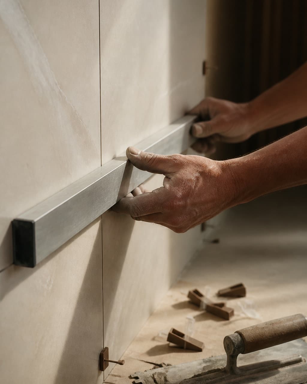 A tiler checking the plane of a large-format wall tile with a straightedge