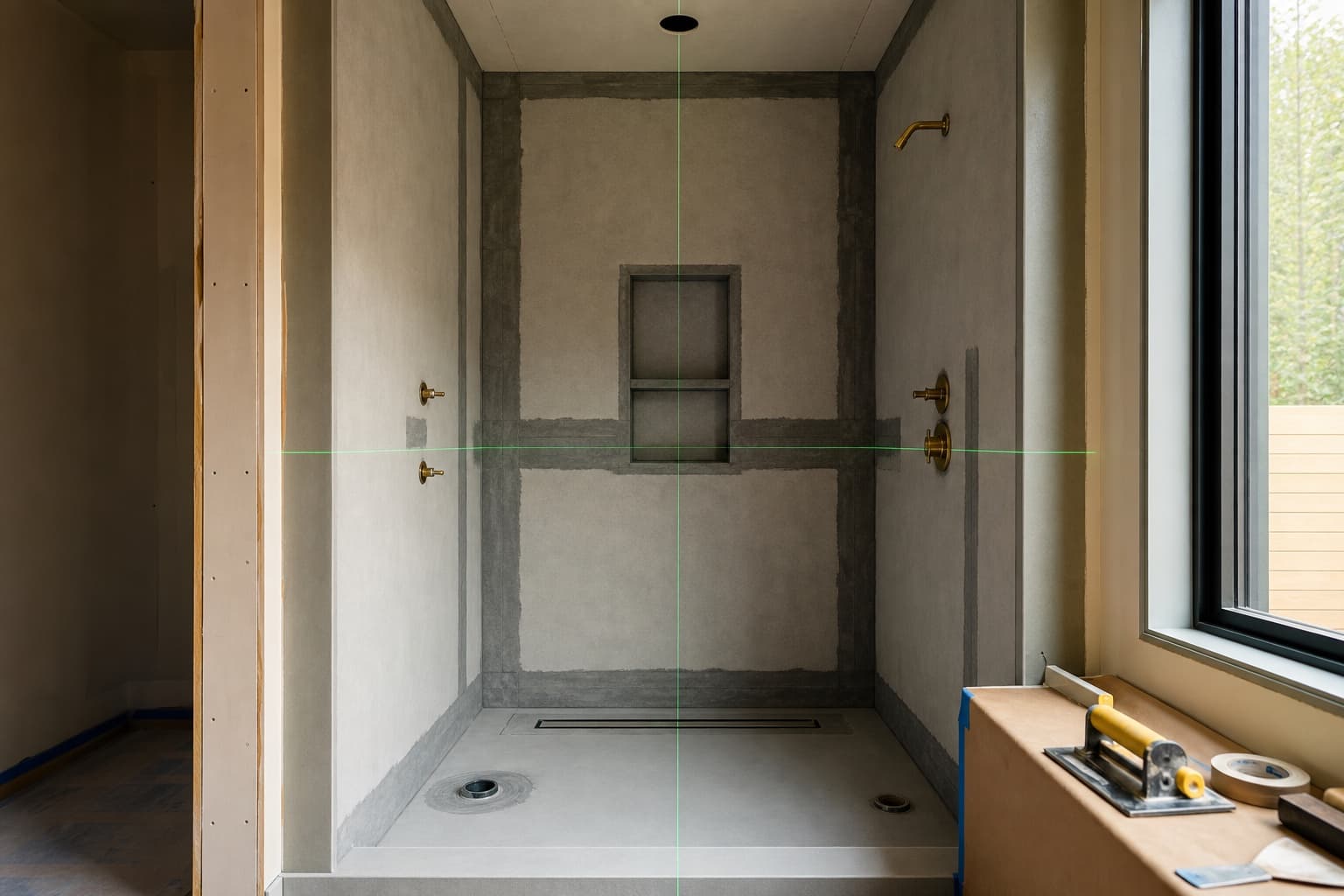 Concept shower substrate with waterproofed seams, integrated drains, niche, and laser layout lines