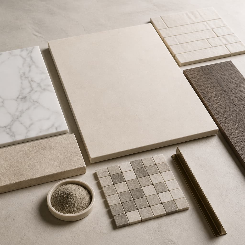 Concept stone, porcelain, mosaic, grout, wood-look tile, and bronze trim material study