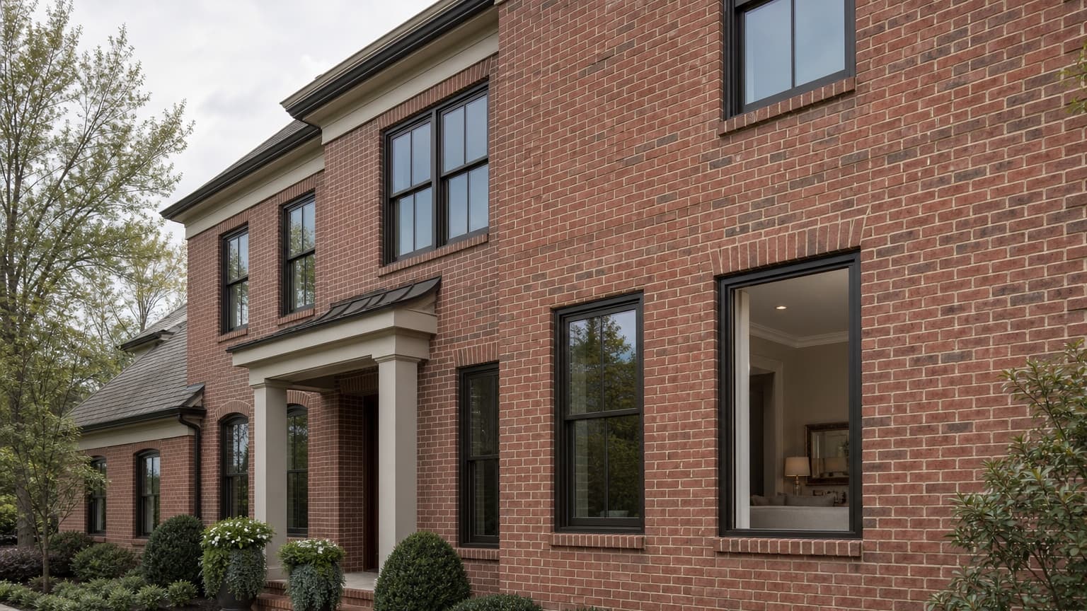 Representative brick home facade with precisely fitted dark bronze replacement windows