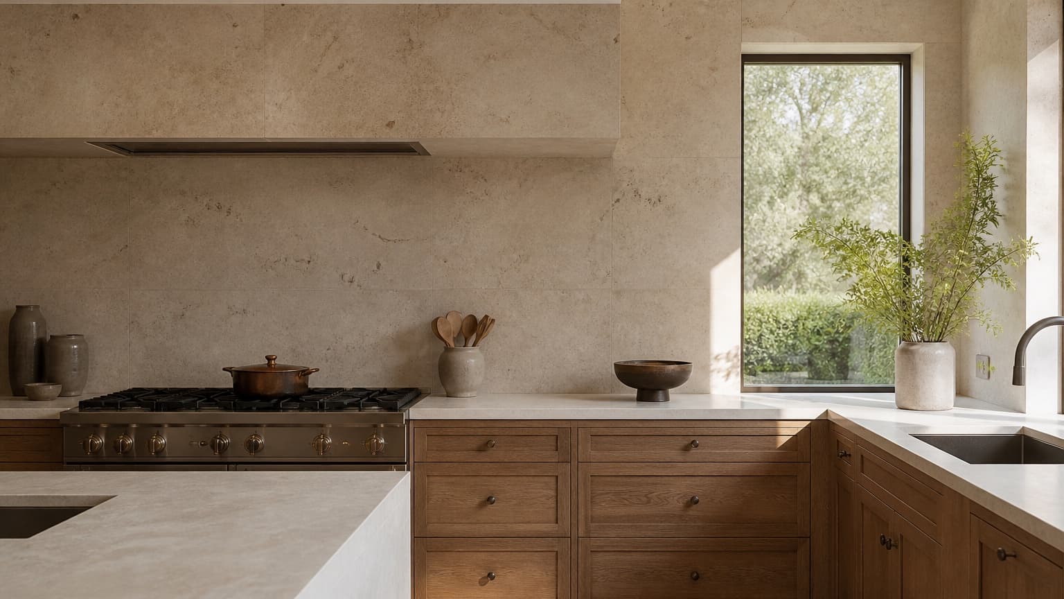 Representative kitchen concept with a full-height honed stone backsplash, oak cabinetry, and bronze details