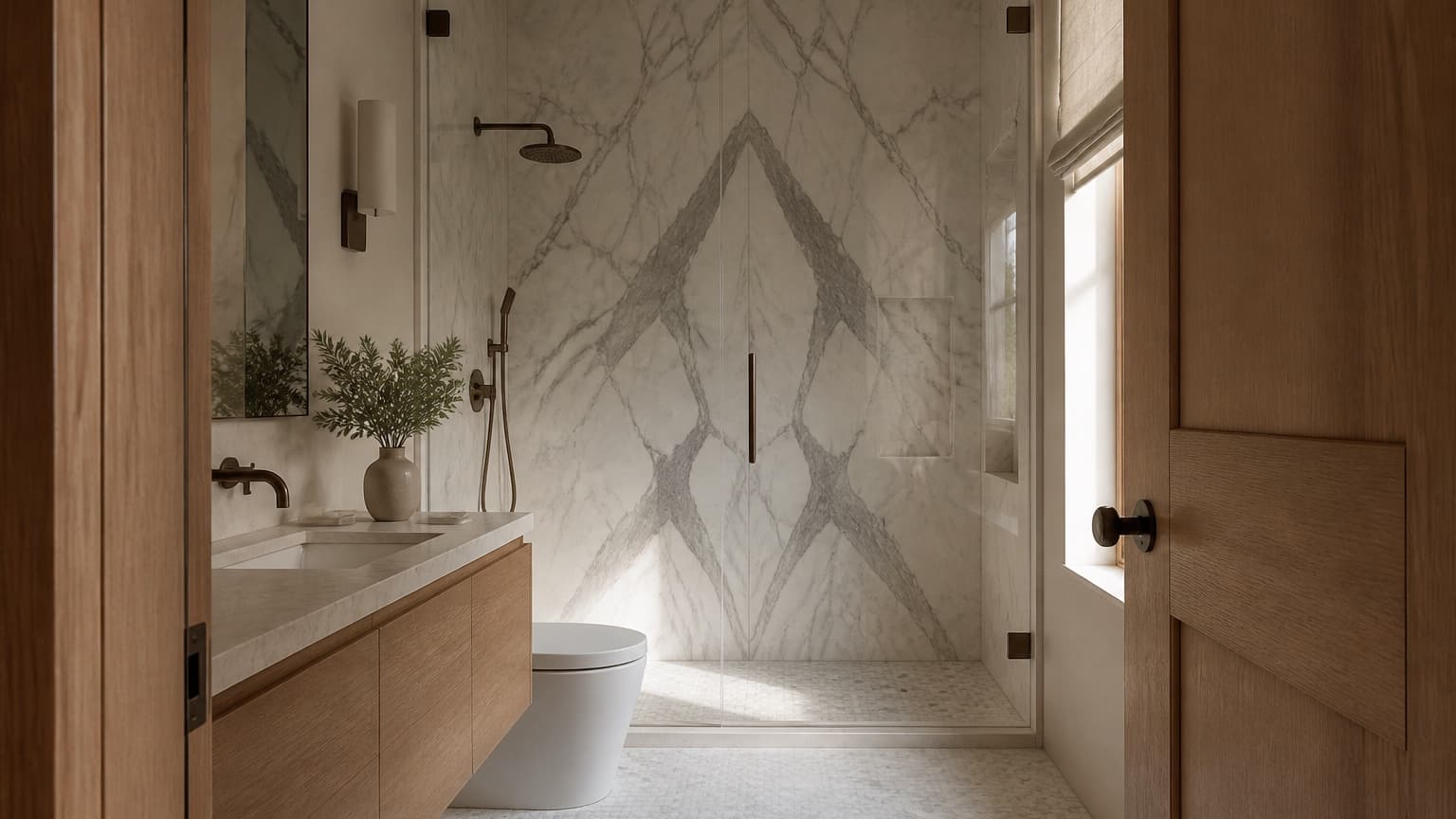Representative guest bathroom with a book-matched marble shower wall, frameless glass, oak vanity, and bronze fixtures