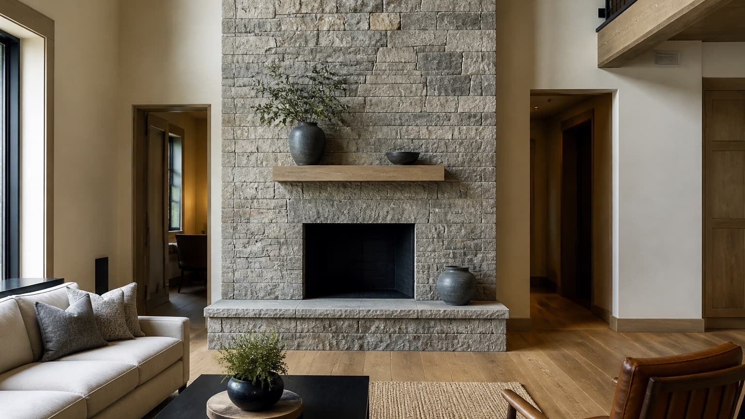 Representative living room with a floor-to-ceiling split-face natural stone fireplace surround