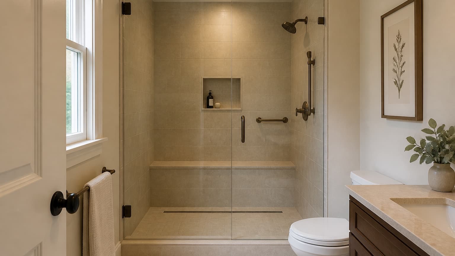 Representative walk-in shower concept with large-format porcelain, a linear drain, niche, and bronze fixtures