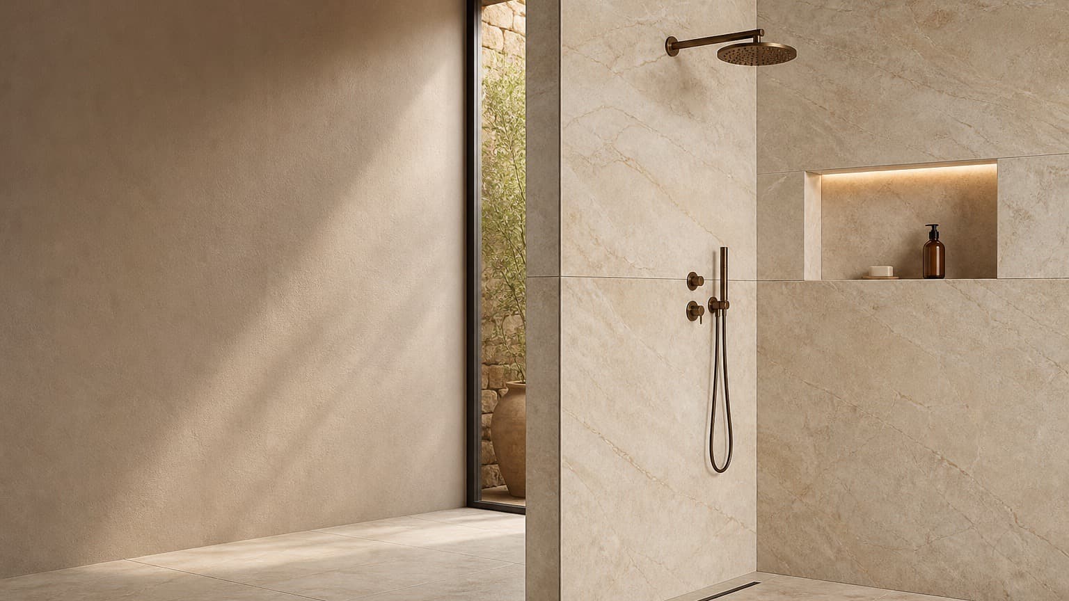 Conceptual custom shower in warm large-format porcelain with a mitred corner, linear drain, and illuminated niche