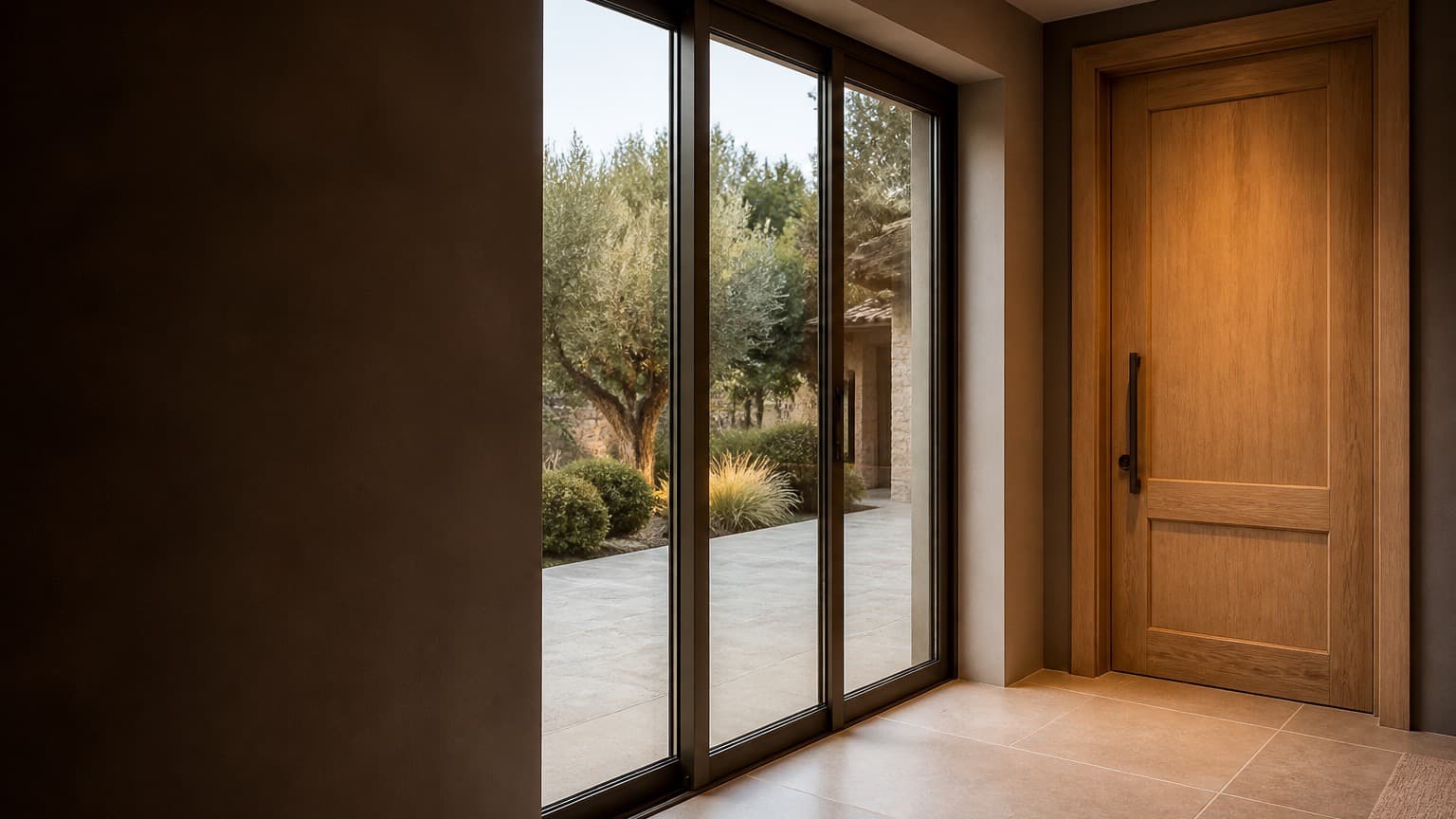 Concept bronze-framed patio glazing and natural-oak entry door with finished interior returns